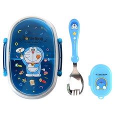 aizoum 兒童用哆啦A夢扣式雙層便當盒 + 叉子湯匙 + 餐具盒組, 1套, 混合顏色