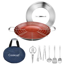 쿡셀 인덕션 7세대 세라믹 레드에디션 멀티팬 4종 세트, 스텐, 레드 파에야팬 + 뚜껑 + 키친툴 6종 + 스트레이너 + 보관가방, 1세트
