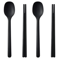 EZ Sili 兒童方形矽膠甜點湯匙筷子組, 湯匙 + 筷子, 黑色, 2套