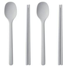 EZ Sili 兒童方形矽膠甜點湯匙筷子組, 湯匙 + 筷子, 淺灰色, 2套