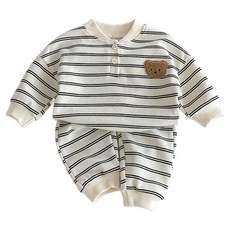 Bebeniz 毛絨熊布章條紋長袖上下裝套組