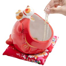 摩達客 開運招財 大嘴金魚招財貓 陶瓷糖果罐 附坐墊, 紅色