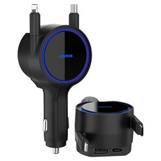 아이코모스 듀얼 릴타입 100W 차량용 초고속 충전기 C타입+8핀, 블랙, RCC08-8C