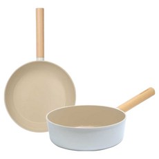 韓國 Royalstar KU 電磁爐適用陶瓷塗層平底鍋2件組, 24公分平底鍋 + 24公分深煎鍋, 1套, 米色