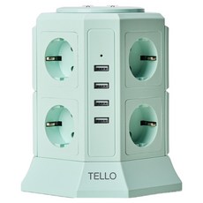 TELLO 스마트 서지 보호 PA66 고급 소재 KC인증 접지 안전 고용량 과부하차단 USB 타워 멀티탭 12구, 2m, 민트, 1개