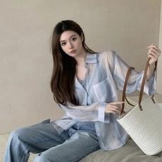 DMELD 女款柔美透視條紋休閒襯衫