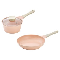 NEOFLAM 台灣公司貨 BELA PINK系列 鑄造鍋具2件組, 1套, 平底鍋 + 單柄湯鍋, 蜜桃雪酪