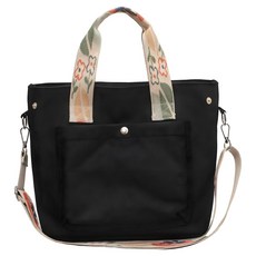 Sayaka 紗彌佳 日系清新花漾織帶撞色大口袋 肩背包二用包, 黑色