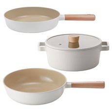 NEOFLAM 台灣原廠公司貨 FIKA系列3鍋組, 白色, 雙耳低湯鍋 22cm + 炒鍋 26cm + 平底鍋 24cm, 1套