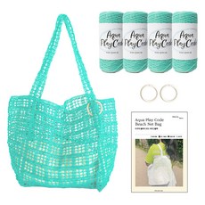 Yarna Aqua Play 手工編織線 50g x 4入 + 彩色O型環 大號 2入 + 印刷圖案 夏季大托特包 DIY 材料包套組, 1套, 3薄荷綠(線), 象牙白(O型環)