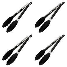 Easy sili 矽膠不鏽鋼料理廚房夾, 黑色, 4個