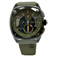 Alexandre Christie 方型三眼計時男錶 黑面 綠色橡膠錶帶