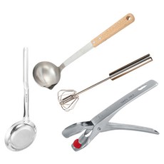 FAmILyLIFE 生活 304不鏽鋼廚房4件組, 鍋具防燙夾 + 油撈勺(小) + 旋轉打蛋器(小) + 木柄湯勺, 1套, 銀色