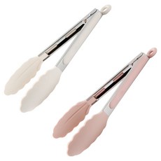 EasySili 矽膠不鏽鋼料理廚房夾 2件組, 1套, 白色, 粉紅色