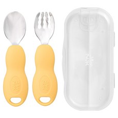 Jam Muk 嬰幼兒不鏽鋼自主學習斷食餐具湯匙+叉子+收納盒組, 黃色, 1套