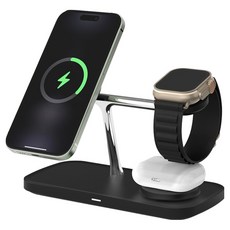 만렙 3in1 아이폰 갤럭시 에어팟 애플워치 갤럭시워치 버즈 맥세이프 고속 무선충전기 3WCC401Qi2, 블랙, 1개