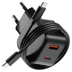 illion PD充電 25W 2孔多功能超高速充電器轉接頭 + C to C 充電線 1m 套組, 1套, 黑色