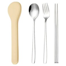 JUST HOME 馬卡龍304不鏽鋼隨身筷匙叉3件組 附盒 7049-40-1, 1套, 米色, 筷子 + 湯匙 + 叉子 + 收納盒