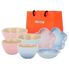LE CREUSET 花朵韓式雙人餐具7件組, 飯碗(2p) + 湯碗(2p) + 花朵盤14cm(2p) + 中型小菜碟 + 購物袋, 雪紡粉, 海岸藍, 1個