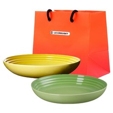 LE CREUSET 義大利麵沙拉碗 2款 + 購物袋, 1個, 義大利麵沙拉碗 22cm(2入) + M號購物袋, 太陽黃, 棕櫚綠