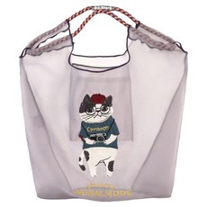 kUSUgURU JAPAN 日本眼鏡貓 Animal Mode系列 緹花繩手柄刺繡 傘繩購物包/網紗提包, 灰色