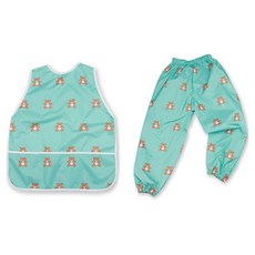 BEBE CHOUETTE 無袖美術罩衫圍裙 + 防水褲套組, 薄荷巧克力熊