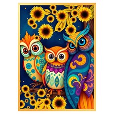 生動風水掛畫 貓頭鷹家族 + 向日葵, 亮面金色