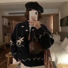 URBANLINE 女款Slin厚實雪人圖案針織拉鍊開襟衫