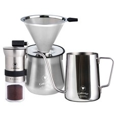 Caferia 露營咖啡手沖全套組 (CM1/CDSSS/CKPS4), 1套, 迷你磨豆機 + 全不鏽鋼濾杯 + 咖啡分享壺 + 不鏽鋼手沖壺, 550ml