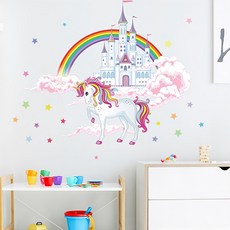 WA. WALL ART 夢幻獨角獸彩虹 防水PVC無痕設計壁貼 FX-C102, 彩色