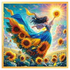 招財動態圖畫框 太陽向日葵女神 正方形, 亮面金色