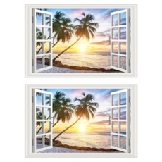 WA. WALL ART 防水PVC 無痕設計壁貼 FX82048 2張, 窗框/假窗/海灘/夕陽