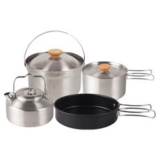 CLS 戶外套鍋露營不鏽鋼4件組 水壺 + 蒸飯鍋 + 小煮鍋 + 黑色煎鍋 機車露營/登山/野營, 銀色 + 黑色, 1套