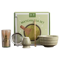 上手家居 抹茶茶具5件組 抹茶工具/抹茶刷/抹茶用具/抹茶碗/茶筅, 1個, 抹茶碗 + 茶筅立 + 百本立 + 濾勺 + 木勺, 抹茶綠