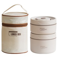 Couselect 日式不鏽鋼 2層保溫便當盒 420ml + 550ml 附保溫袋 + 餐具, 1套, 米白色