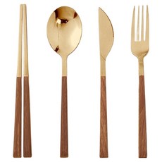 BECOND 木質餐具 不鏽鋼湯匙 餐具組, 1套, 湯匙 + 筷子 + 叉子 + 刀子, 金色