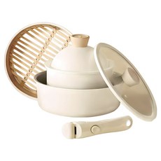 KimsCook 二代韓國白色陶瓷不沾鍋 6件組, 1套, 奶白色, 1個24cm炒鍋 + 1個18cm湯鍋 + 1個竹木蒸籠 + 1個矽膠玻璃鍋蓋 + 1個矽膠陶瓷鍋蓋 + 1個可拆卸手把