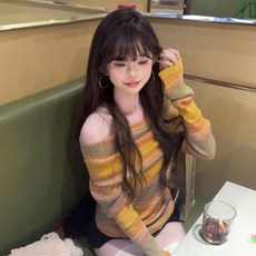 PEONIST 女款漸層露肩線條針織T恤