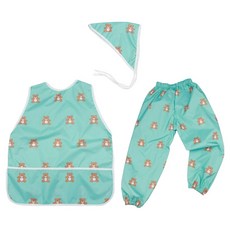 BEBE CHOUETTE 美術圍裙 + 頭巾 + 防水褲套組, 薄荷巧克力熊