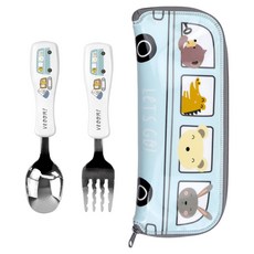 kitchen U 兒童用Kids Booreung迷你不鏽鋼湯匙叉子餐具盒組, 1套, 湯匙 + 叉子 + 餐具盒, 混合顏色