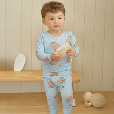 unifriend 兒童藍熊蜜桃絨刷毛九分家居服套裝