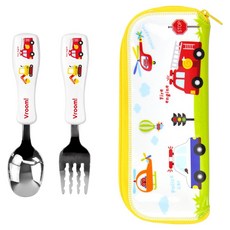 kitchen U 兒童用噗噗車小不鏽鋼湯匙叉子餐具盒組, 1套, 湯匙 + 叉子 + 餐具盒, 混合顏色