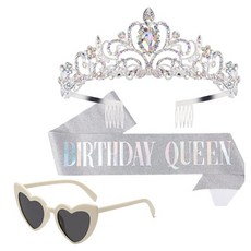STARIUM 潮人寶石皇冠 + 太陽眼鏡 + 生日派對用品組, 1套, 銀色