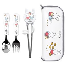 kitchen U Miffy 兒童不鏽鋼湯匙叉子筷子餐具盒組, 湯匙 + 叉子 + 筷子 + 餐具盒, 1套, 混合色