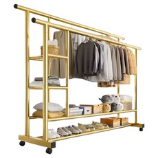 와이홉 튼튼 이동식 특대형 대용량 행거 더블 3단 선반 이중 발판, 골드