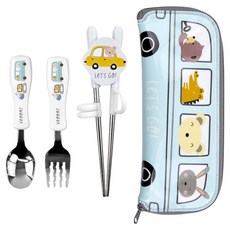 kitchen U 兒童汽車造型小不鏽鋼湯匙叉子筷子餐具盒組, 湯匙 + 叉子 + 筷子 + 餐具盒, 1套, 混合顏色