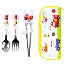 kitchen U 噗噗車車 兒童不鏽鋼湯匙叉子筷子餐具盒組, 湯匙 + 叉子 + 筷子 + 餐具盒, 1套, 混合色