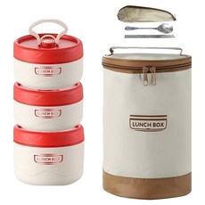 Couselect 可微波防燙 日式304不鏽鋼便當盒3件組 附保溫袋 + 餐具 600ml + 420ml 2個, 1套, 紅色 + 米色