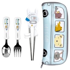 kitchen U 兒童Borung叉車小不鏽鋼湯匙叉子筷子餐具組, 勺子+叉子+筷子+餐具, 混色