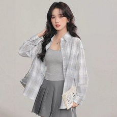 DMELD 女款粉彩寬格紋休閒長版襯衫 EO018